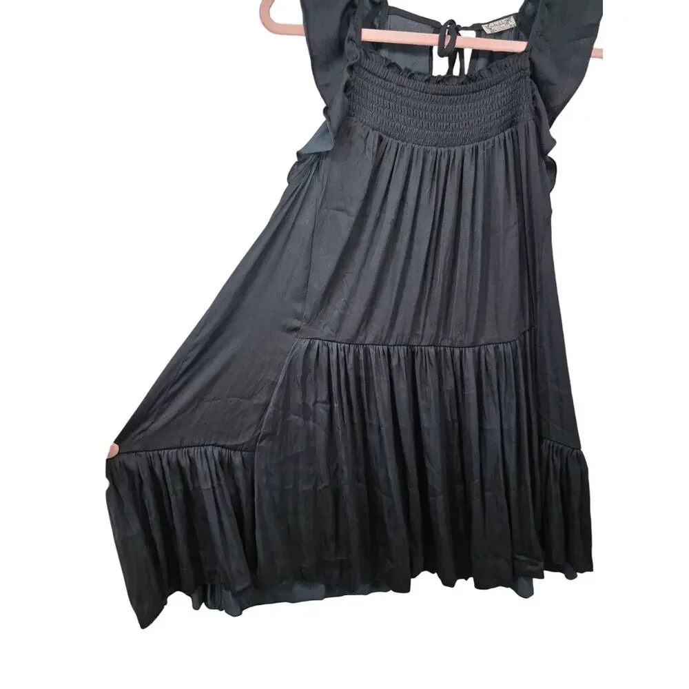 Intimately Free People Want Your Love Black Smocked Tiered Babydoll Mini Dress S